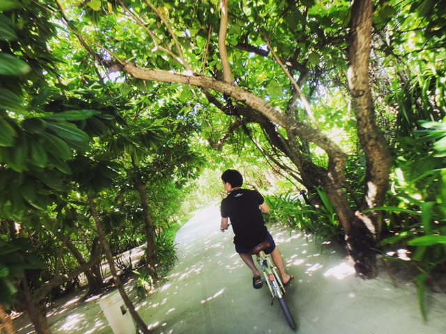 サイクリングでザ レジデンス モルディブ(The Residence Maldives)を島内散策する様子