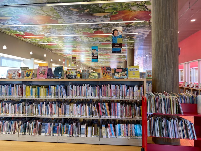 アメリカの図書館に並ぶ英語のグラフィックノベルや児童書
